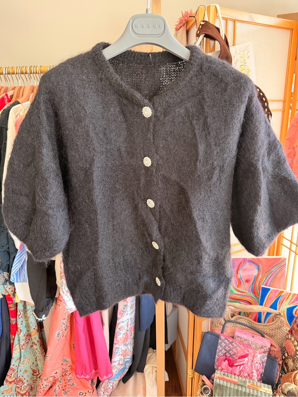 NWT Italian Black Kid Mohair Cardigan Pearl Rhinestone Buttons Oversized